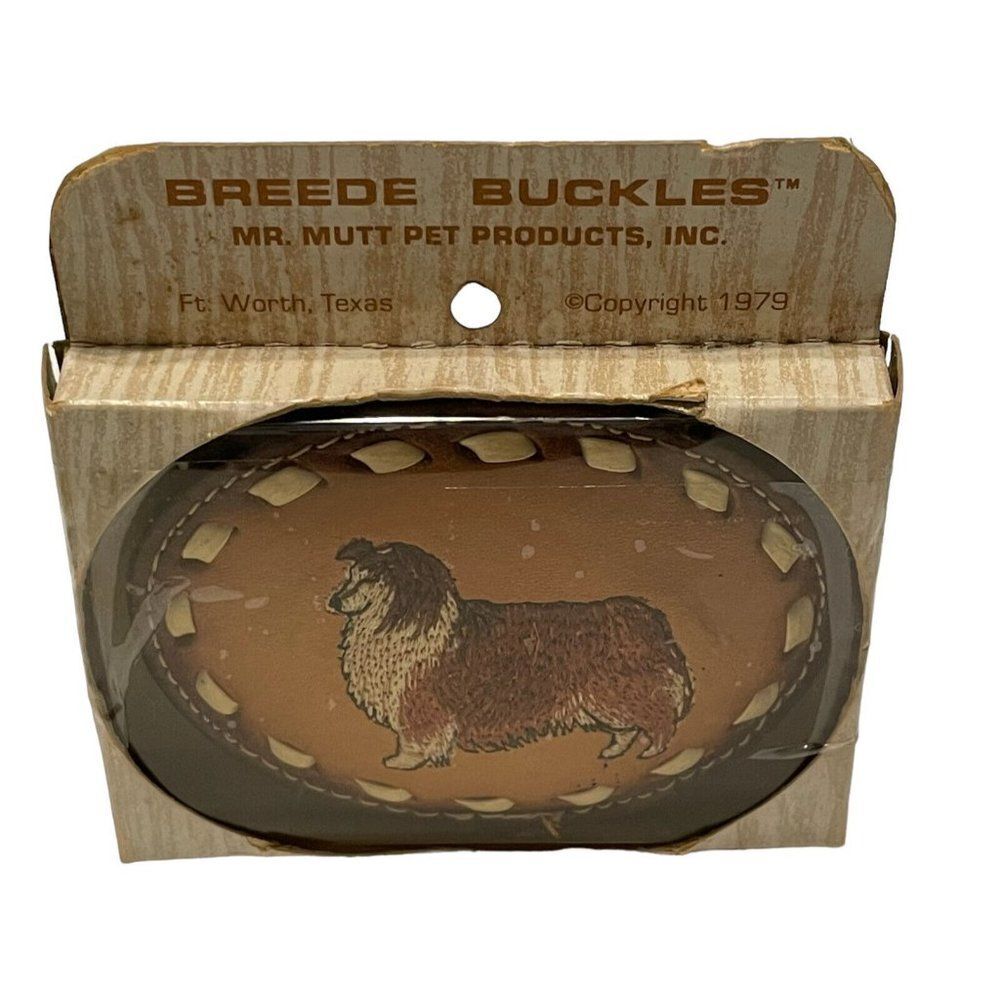Vtg 70s new NOS leather collie dog belt buckle Mr mutt breede buckle